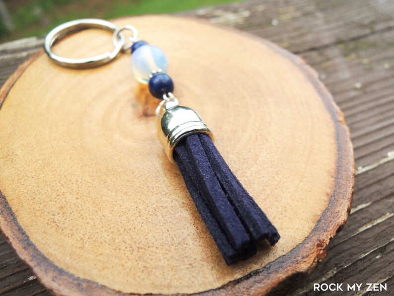 Opalite and Lapis Lazuli Tassel Keychain for Stress and Anxiety Relief by Rock My Zen