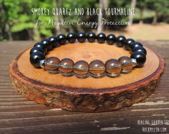 Smokey Quartz and Black Tourmaline Elastic Beaded Bracelet for Negative Energy Protecton Amulet by Rock My Zen