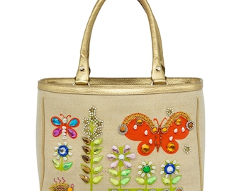 Kate Spade Inspired By Enid Collins of Texas Summertime Butterfly Linen Gold Leather Vintage Novelty Purse