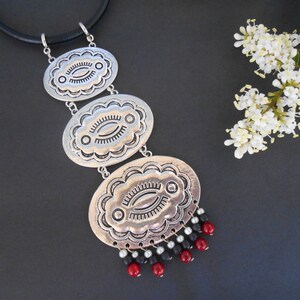 Silver Bib Necklace: Country Western Leather Necklace with Coral & Onyx