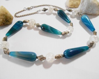 Handmade Teal Agate Stone Statement Necklace and Earrings Set: Crackle Glass Beads