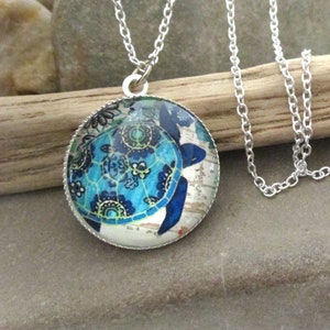 Sea Turtle Necklace: Turquoise Blue Pendant, Sterling Silver Chain