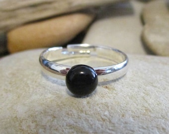 Dainty Black Agate Ring: Adjustable Silver Alloy Band