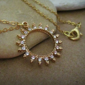 Gold Sun Necklace: Rhinestone Celestial Pendant, Sunburst Layering Jewelry