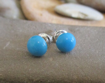 May include: A pair of blue turquoise stud earrings with silver posts.