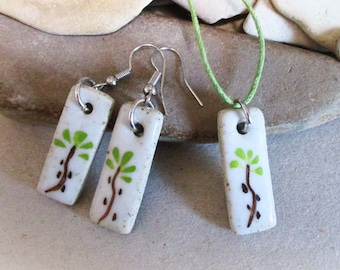 Hand Painted Ceramic Jewelry Set: Tree Necklace and Earrings