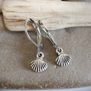 May include: Silver dangle earrings with a seashell charm. The earrings have a lever back closure.