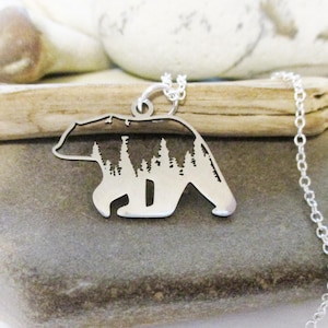 Laser Cut Steel Bear Necklace: Evergreen Trees, Sterling Silver Chain