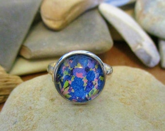 Bluebell Flower Picture Ring: Adjustable Silver Tone Band