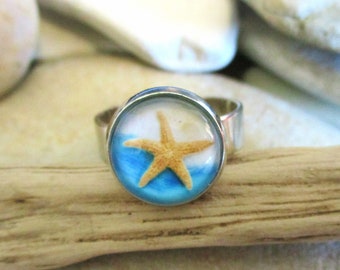 Starfish Ring: Beach Jewelry, Adjustable Silver Alloy Band