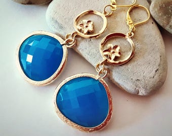 Teal Earrings | Gold Flower Earrings | Blue and Gold Earrings | Triangle Earrings | Lever Back Earrings | Long Blue Earrings | Blue Glass