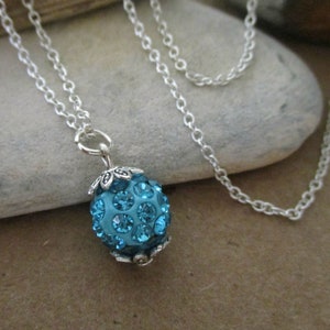 Turquoise Blue Shamballa Bead Necklace | Disco Ball | Shamballa Jewelry | Dainty | Crystal | Solitaire | Single Bead | Rhinestone | Delicate