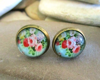 Pink and Red Roses Stud Earrings with Bronze Post and Setting | Vintage Style Earrings for Women | Victorian Mint Green Earrings | Rosebuds