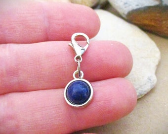 Tiny Lapis Lazuli Stone Charm Silver Clasp | Blue Purse Charm | Unique Zipper Pull Charm | Backpack Journal Charms | Zipper Pull Replacement