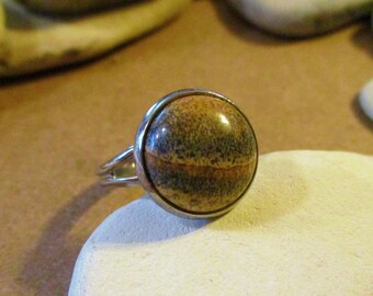 Picture Jasper Ring: Adjustable Silver Alloy Band, 12mm Stone