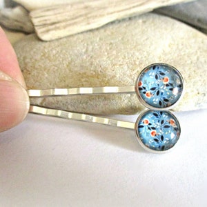 1 Pair Floral Bobby Pins Set Tiny Flowers on Blue Background Hair Clips Hair Pins Hair Accessories Hair Jewelry Wife Daughter Girlfriend image 1