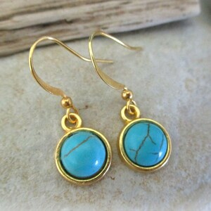 Tiny Turquoise Earrings with Gold Brass Ear Wires | Stone Earrings | December Birthstone | Southwestern Jewelry | Dangle Earrings for Women