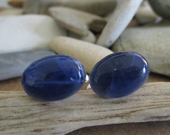 Sodalite Cufflinks: Navy Blue Stone, Silver Plated Mens Jewelry