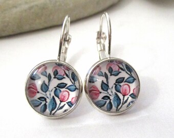 Silver Lever Back Earrings: Handmade Pink Flower Cabochon