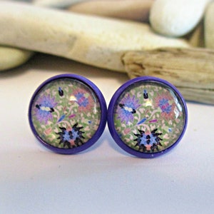 Purple Flower Stud Earrings: Glass Dome Cabochon, Enamel Coated