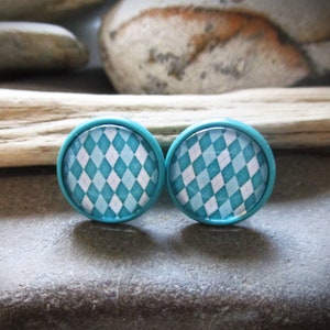 Teal Harlequin Stud Earrings: Diamond Pattern