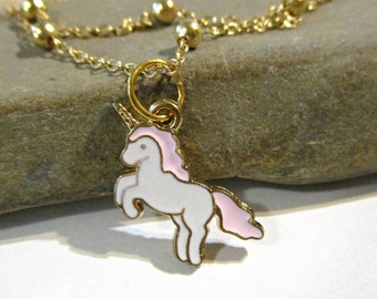 Tiny Unicorn Charm Bracelet: Pink & White Enamel, Gold Tone
