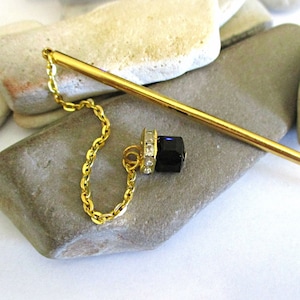 Gold Hair Stick: Black Glass Dangle Charm, Rhinestone Detail