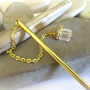 Gold Hair Stick: Rhinestone Glass Dangle, Scarf Pin (5 in)