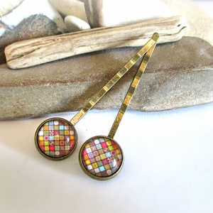Bronze Bobby Pins: Colorful Geometric Patchwork Boho Hair Clips