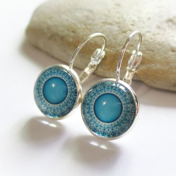 Turquoise Blue Mandala Earrings Set with Hypoallergenic Steel Lever Back Ear Wires | Cute Glass Cabochon Earrings for Women | Blue Earrings