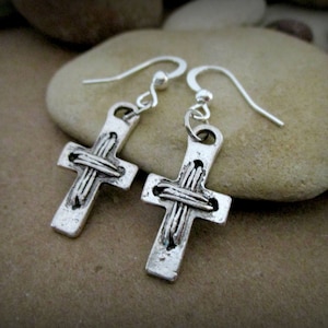 Tiny Silver Cross Earrings: Sterling Silver Fishhook Wires, For Men or Women