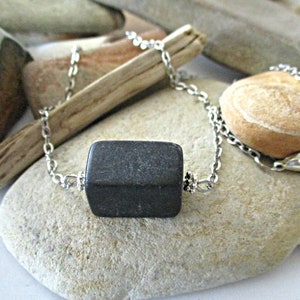 Granite Stone Cube Necklace: Minimalist Charcoal Gray Pendant