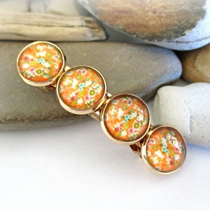 Orange Floral Barrette: Gold Tone Flower Hair Clip