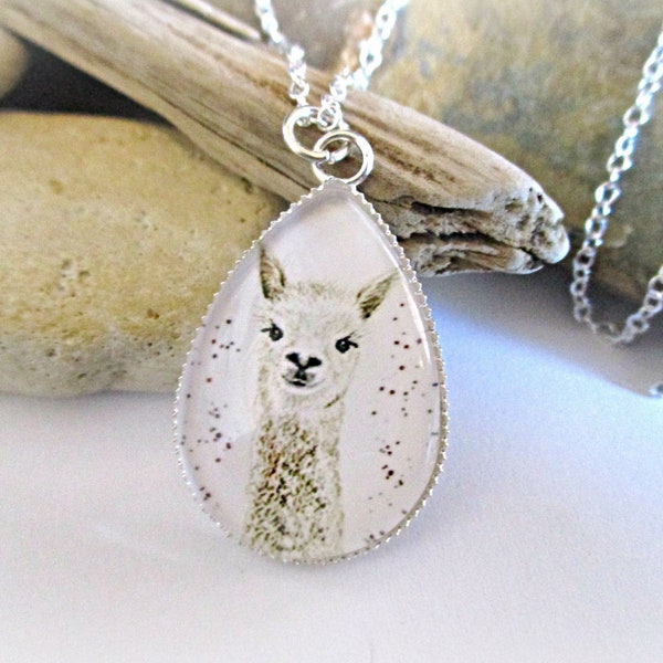 Adorable Llama Necklace | Llama Gifts Alpaca Gifts | Teardrop Picture Cabochon | 925 Sterling Silver Chain | Alpaca Necklace | Teen Gifts