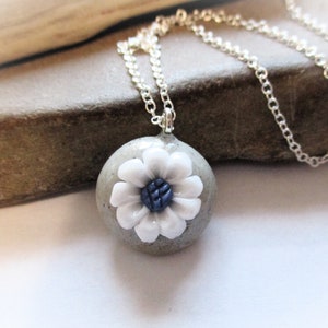 Handmade Ceramic Daisy Pendant Necklace: Sterling Silver Chain