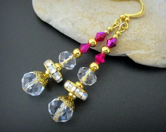 Fuchsia Pink and Gold Earrings | Long Elegant Earrings | Sparkly Wedding Earrings Crystal Bridal Earrings Bridesmaid Earrings Party Earrings