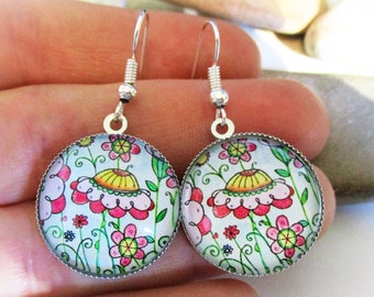 Valentines Day Mothers Day Easter Spring Summer Flower Jewelry Gifts Glass Dome Cabochon Earrings for Women Roses and Flowers Earrings