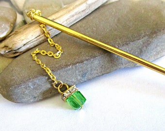 Gold Hair Stick with Green Glass Dangle Charm | Green Hair Bun Accessories Long Hair Pins Hair Jewelry | Green Scarf or Shawl Pin | 5 in.