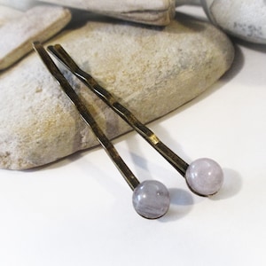 1 Pair Bronze Bobby Pins Set with Natural Gray Agate Stones Gray Hair Pins Hair Accessories Mom Grandmother Sister Wife Daughter Aunt image 1