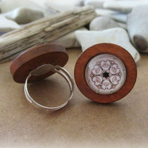 Boho Wooden Ring: Flower Petal Glass Dome, Adjustable Band