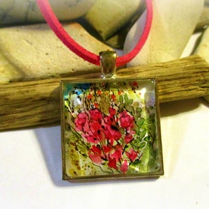 Fuchsia Pink Flower Necklace |Art Glass | Photo Pendant | Glass Cabochon Pendant | Square Pendant | Flower Necklace | Watercolor |  Suede