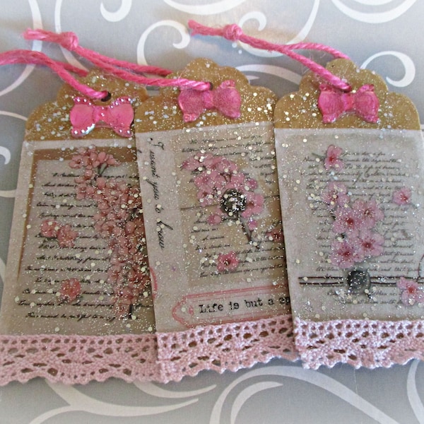 6 Handmade Gift Tags Set | Shabby Chic | Hang Tags with Pink Flowers | Lace Ribbon | Romantic Rose Pink Gray Floral | Packaging Wrapping