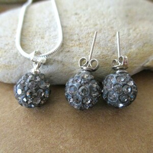 Sparkly Gray Shamballa Jewelry Set: Sterling Silver Necklace & Rhinestone Earrings