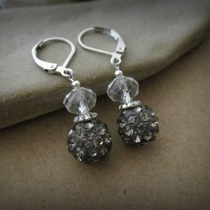 Dark Gray Earrings with Crystal Beads | Shamballa Earrings | Hypoallergenic Lever Back | Disco Ball Earrings | Crystal Rhinestone Earrings