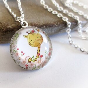 Baby Giraffe Necklace: Floral Giraffe Pendant, Kids Jewelry