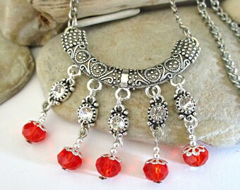 Red Glass Chandelier Necklace | Silver Crescent Charm | Boho Bohemian Statement Jewelry | Gift for Girlfriend Daughter Sister Friend Mother