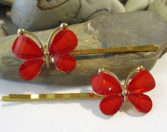 1 Pair Red Glass Butterfly Bobby Pins | Gold Bobby Pins | Hair Clips Hair Pins Hair Accessories | Teen Girl Gift Mom Sister Girlfriend Wife