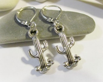 Silver Cactus Earrings: Southwestern Saguaro, Sterling Lever Backs