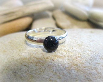 Dainty Blue Goldstone Ring: Minimalist Adjustable Band