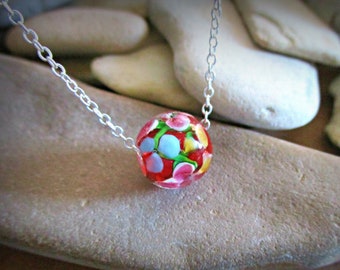Red Lampwork Glass Bead Necklace: Floral Pendant, 925 Sterling Silver Chain